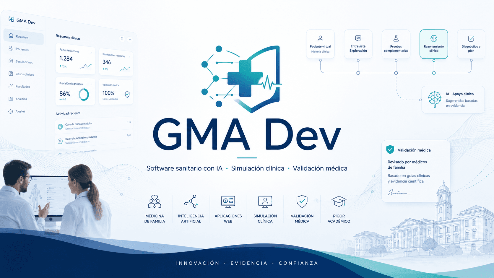 Banner de GMA Dev con software sanitario, IA, simulación clínica y validación médica